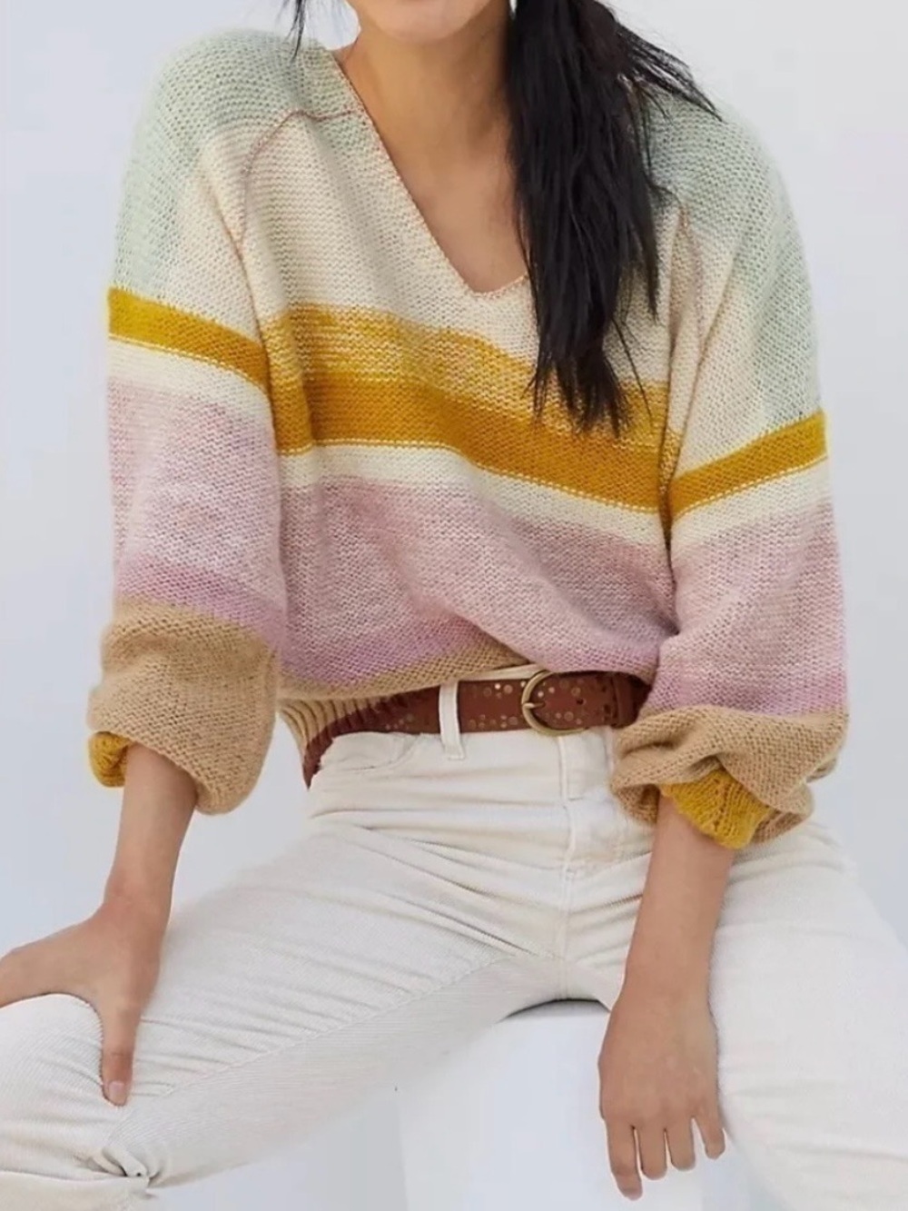 Anthropologie Theia V-Neck Sweater striped wool alpaca medium fall comfy